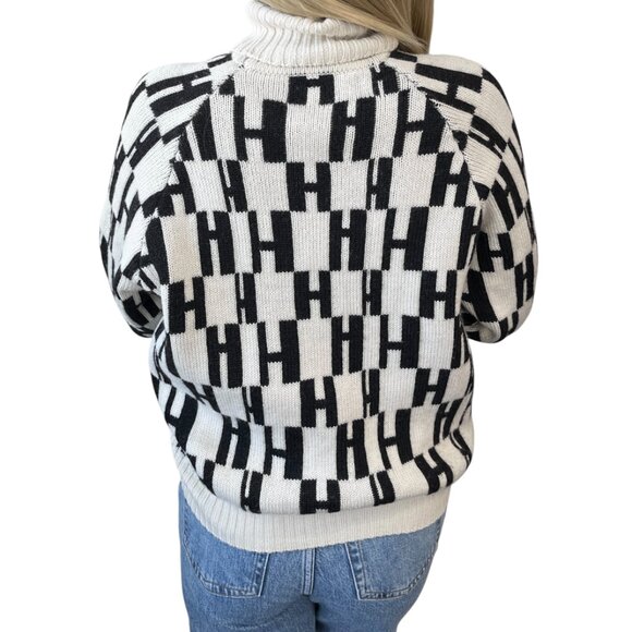 HERMES Vintage H Monogram Logo Turtleneck Sweater Top #S Cream Black [104055] - Picture 4 of 10